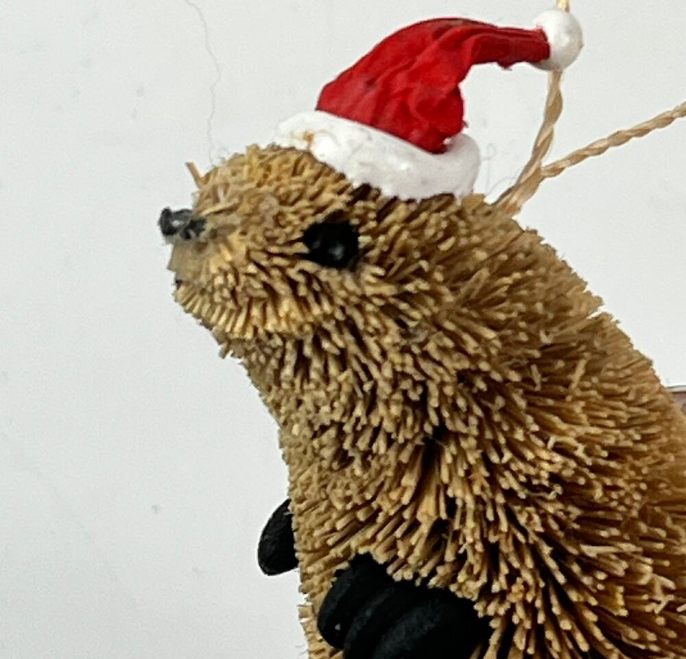 Brown Bottle Brush Animal Ornament Beaver Santa Hat 3" Rustic Holiday Hanging